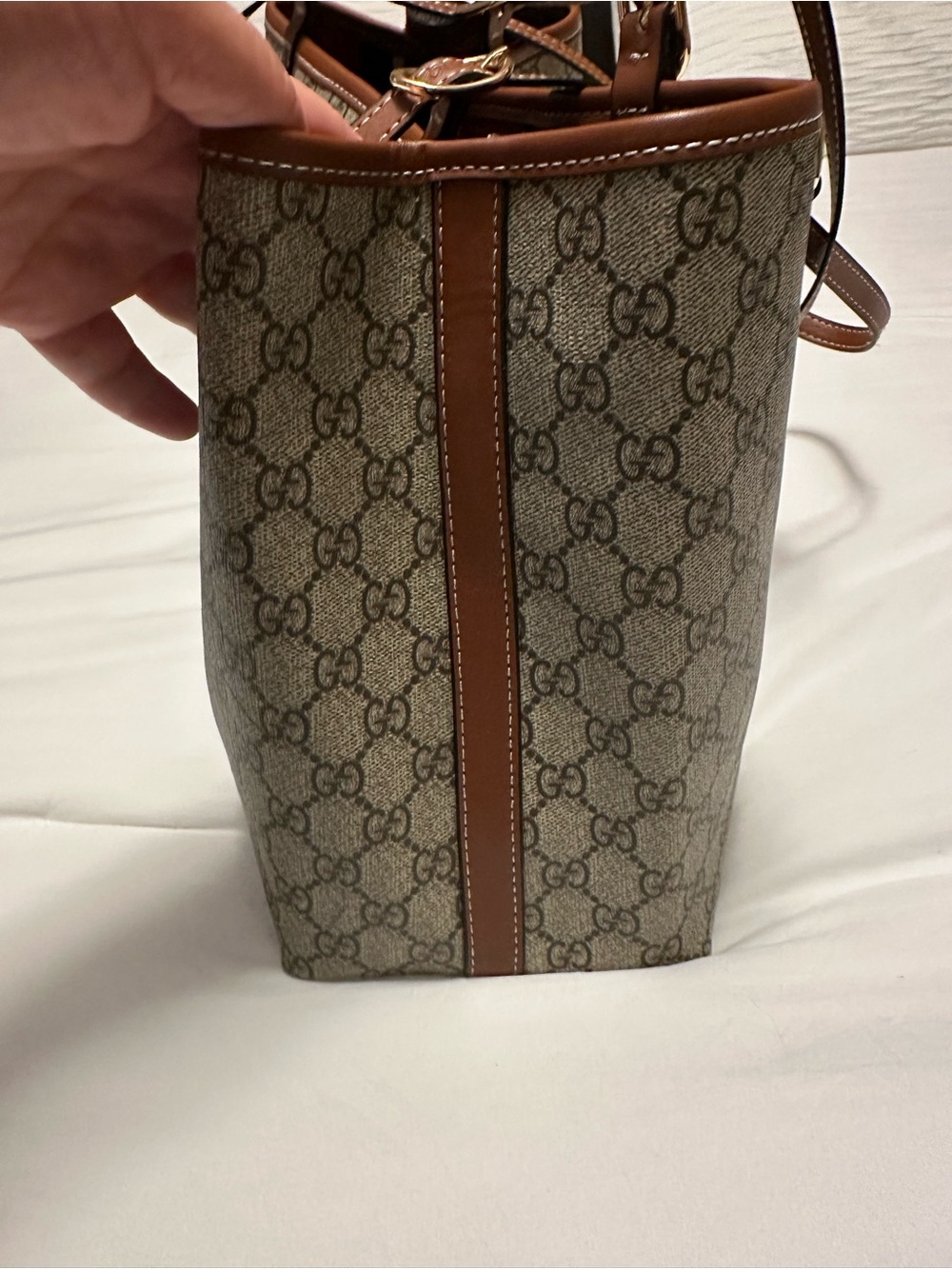 Gucci Beige Monogram Tote with Brown Leather Straps and Red-Green Interior - Picture 3 of 4
